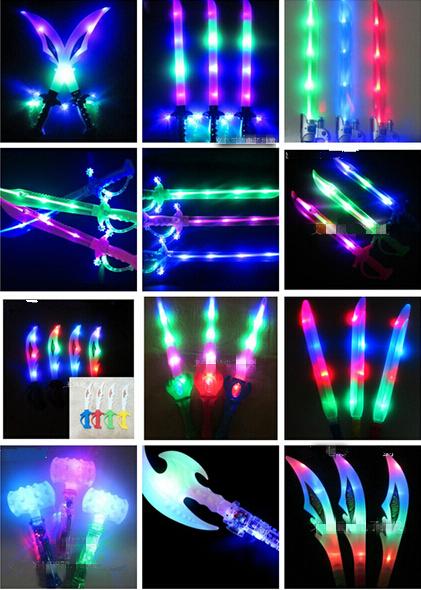 Free EMS 50pcs Mixed LED Musical Flash Glow Sword Knife Costume Dress Up Props LED Light Flash Gravity Kids Toy Christmas Gift