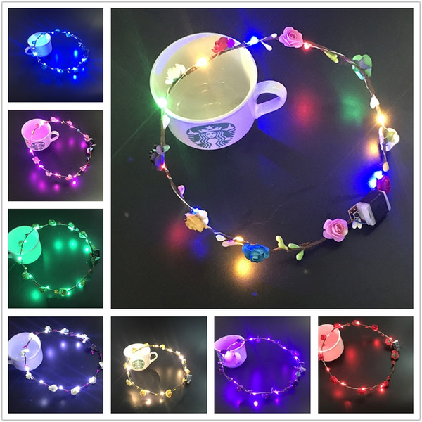 Flashing LED strings Glow Flower Crown Headbands Light Party Rave Floral Hair Garland Luminous Wreath Wedding Flower Girl kids toys