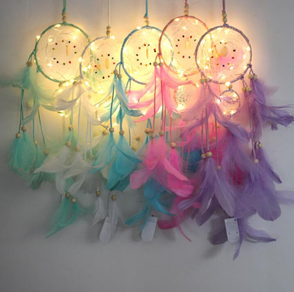 Dream Catcher LED Lighting Feather Dream Catcher Girl Room Bell Bedroom Romantic Hanging Decoration Wall Hanging KKA6873