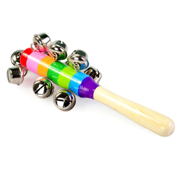 1 pc Wooden Stick 10 Jingle Bells Rainbow Hand Shake Bell Rattles Baby Kids Children Educational Toy - Random Delivery