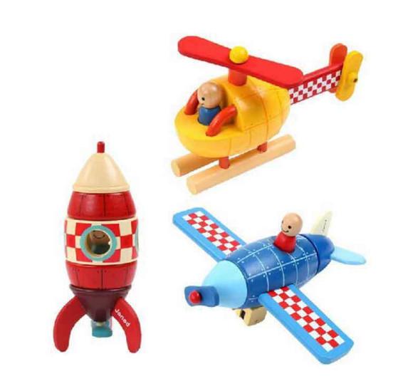 Magnetic Stacking Toys Plane / Helicopter Kids Magnetic Wooden Rocket