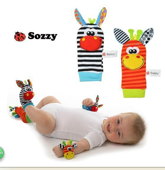 SOZZY Free shipping Baby Rattles Toys Animal Socks Wrist Strap With Rattle Soft Baby Foot Socks Bug Wrist Strap