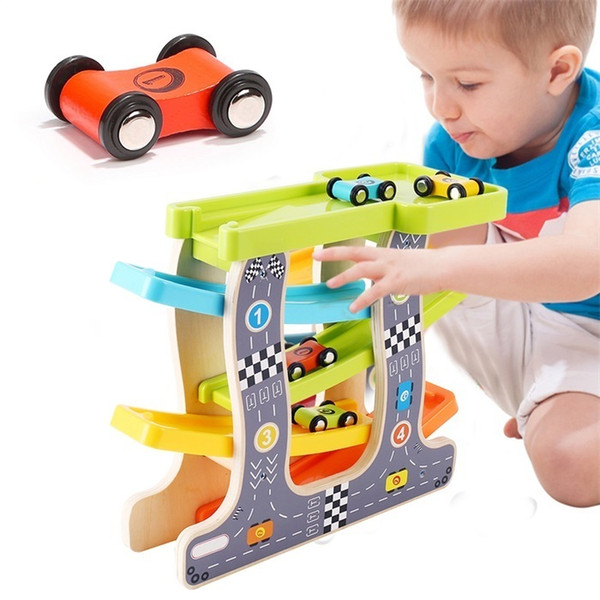 Baby Kids Slot Track Car Toys Wooden Ladder Gliding Wooden Slot Track Educational Model To Slide For Children Boy Gifts Spare J190525