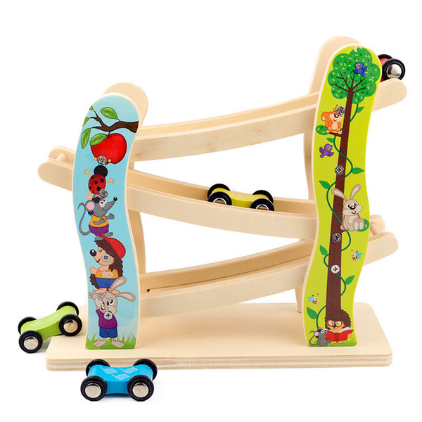 Child Glider Inertial Orbit Pulley With 3 Cars Wooden Track Building Blocks Baby Cartoon Juguetes Educativos Ladder Gliding Toys J190525