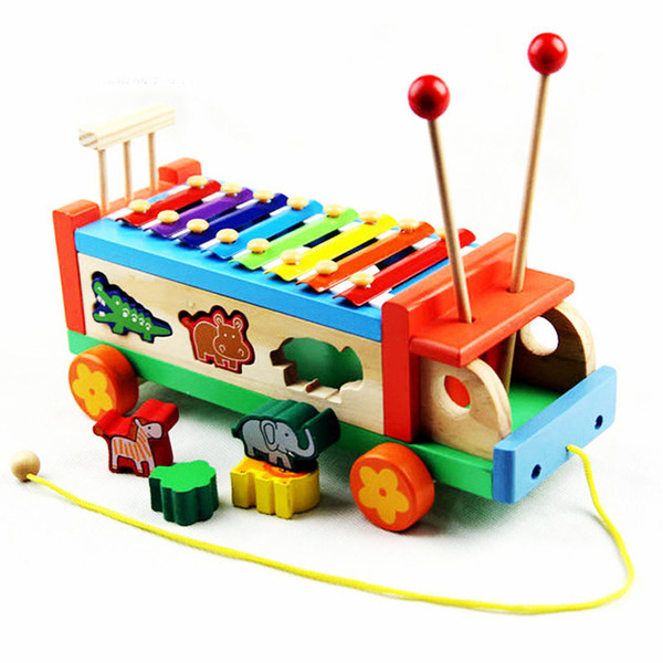 Free Shipping Wooden Music Animal Drag Car Blocks Toy Kids Cartoon Block Xylophone Baby Wood Drawable Car Noise Maker Toy Gifts J190525