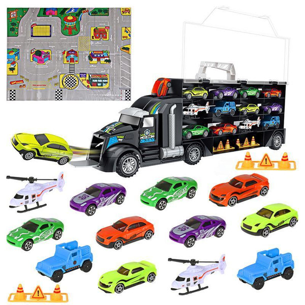 16pcs/set Transport Car Carrier Truck Boys Toy (include Alloy 10 Cars &2 Helicopters &2 Roadblocks & City Map ) For Kid Children J190525