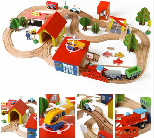 Wooden Cars and Trains Set Toys 69pcs/lot Include Trains Cars Airplane Railway Set Toys Kids DIY Birthday Gifts DHL 