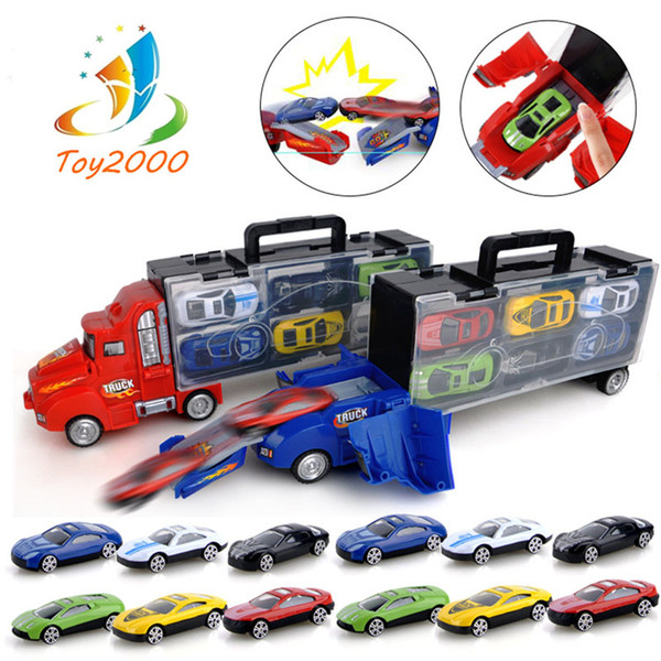 Transport Carrier Truck Set with 12 Colorful Mini Mental Die Cast Cars & Innovative Racing Game Map - Car Transporter Toy for Kids toys