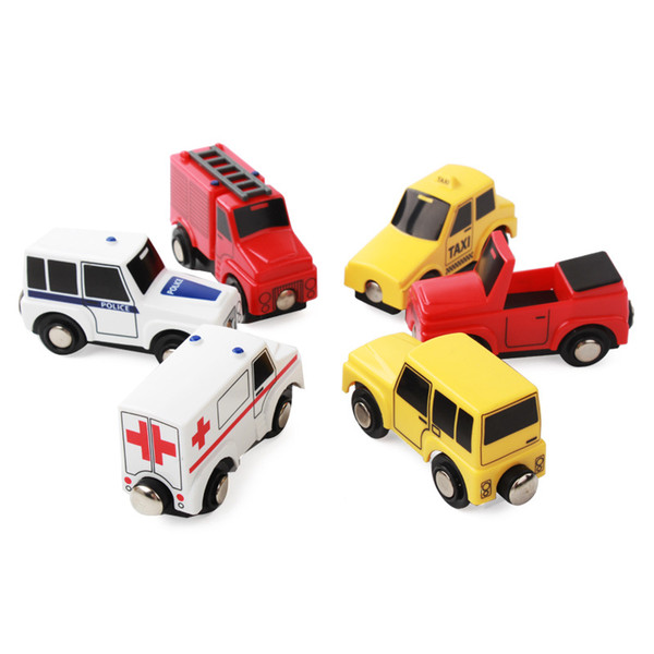 Smooth Flawless Wooden Small Car models Jeep/Ambulance/Fire truck/Taxi/Police car/ Convertible car Children Kid Connectable Magnetic Trolle