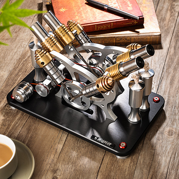 2018 Metal Stirling Engine V4 Four Cylinder / Two Low Temperature Micro Generator Set Education Puzzle Collection Hobby Gift