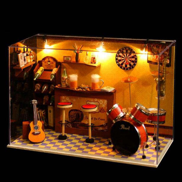 Green Bar DIY Doll House Miniature Model with Light Cute Room Wooden Doll House Assembly Toys