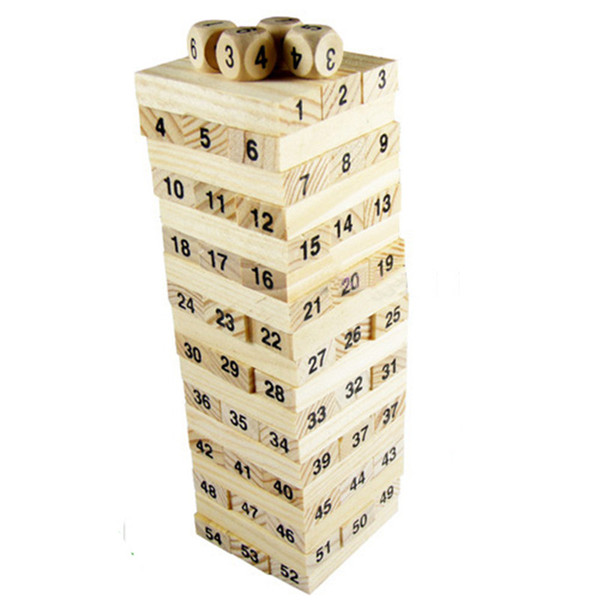 Baby Toys Family Game Wooden 54Pcs Blocks+4Pcs Dice Tumbling Stacking Tower Digital Building Blocks Popular Game Education Gift