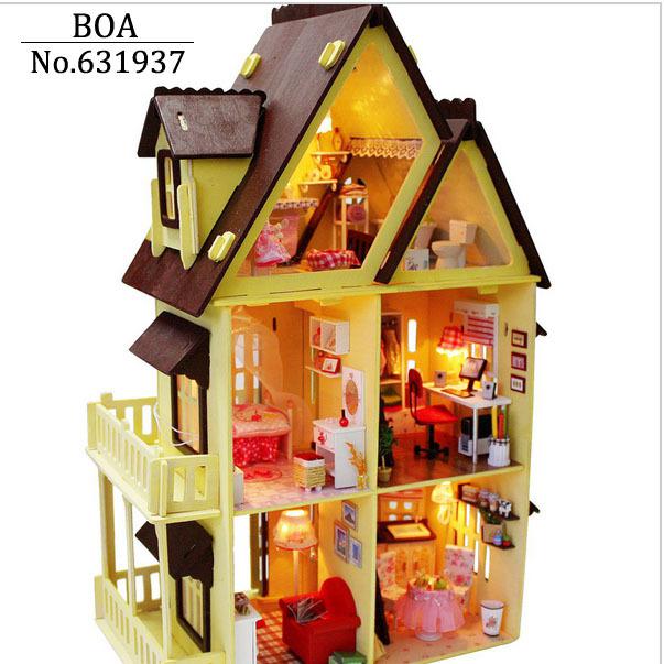 Wholesale- Diy Wooden Doll House With Furniture ,Light Model Building Kits 3D Miniature Dollhouse Puzzle Dolls Toy Gifts-My little House