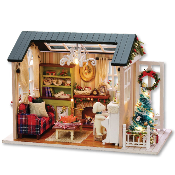 CUTEROOM DIY Wooden House Furniture Handcraft Miniature Box Kit with LED Light - Holiday Time Christmas Gifts Miniature DIY Doll House Model