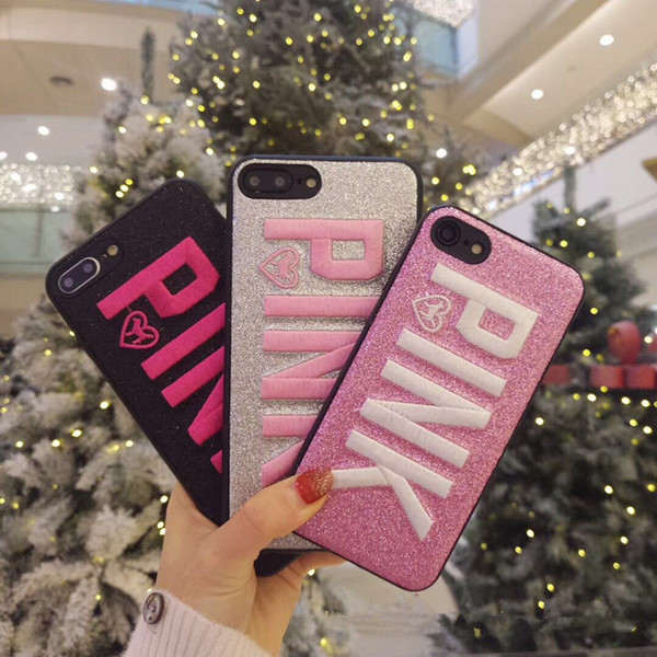 PINK Cover Fashion Design Glitter 3D Embroidery Love Pink Phone Case For iPhone X, iPhone 8, 7, 6 Plus For Samsung S9 S9 plus 9+ 3colors B11