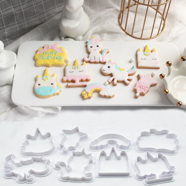 8pcs/set unicorn DIY cake Baking mould Plastic Embossing Die Mold Cookie Cutter Biscuit Resuable Moulds Decorating tool FFA938