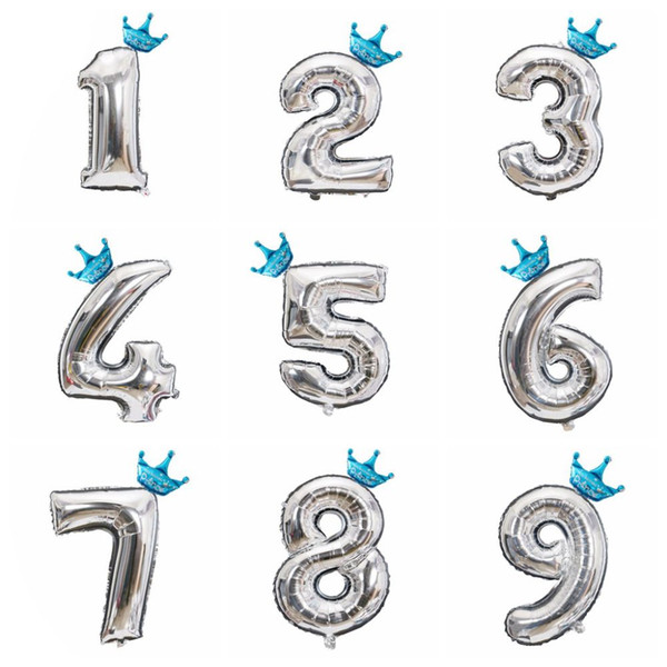 1Set 32inch Figures Silver Number Crown Foil Balloon Float Air Inflatable Balls For Boys Girls DIY Birthday Party Decoration