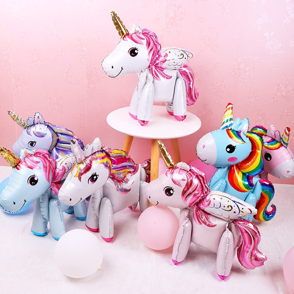 3D DIY cute rainbow unicorn foil balloons Pink Blue Purple Unicorn Stand Balloons Wedding Birthday party Decor kids toys