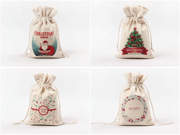 DHL 360pcs Christmas Gift Bags 14 style Organic Heavy Canvas Bag Santa Sack Drawstring Bag With Reindeers Santa Claus Sack Bags for kids