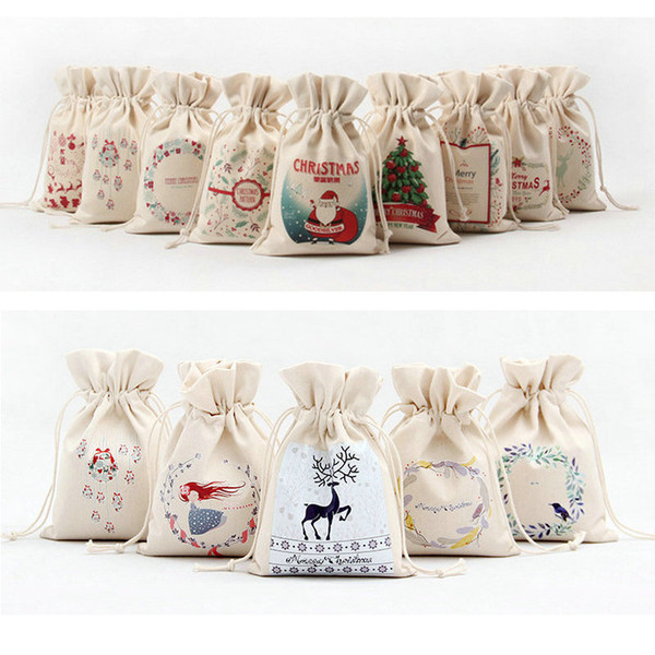 wholesale Christmas Gift Bags 14 style Organic Heavy Canvas Bag Santa Sack Drawstring Bag With Reindeers Santa Claus Sack Bags for kids
