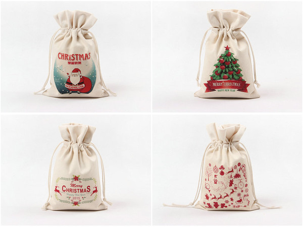 DHL 60pcs Christmas Gift Bags 14 style Organic Heavy Canvas Bag Santa Sack Drawstring Bag With Reindeers Santa Claus Sack Bags for kids