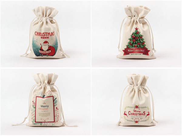 20pcs Christmas Gift Bags 14 style Organic Heavy Canvas Bag Santa Sack Drawstring Bag With Reindeers Santa Claus Sack Bags for kids