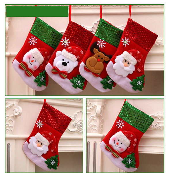 DHL 50pcs Christmas socks Christmas Bag Ornaments Sequins Embellished Non Woven Fabrics Party Gifts For Kids Candy Bag Christmas Stockings