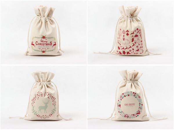 10pcs Christmas Gift Bags 14 style Organic Heavy Canvas Bag Santa Sack Drawstring Bag With Reindeers Santa Claus Sack Bags for kids