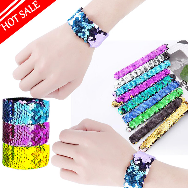 Girl Slap Bracelets Mermaid Sequin Wristband Double Colors Glitter Slap Bracelet Kids Party favors 21 Designs Optional