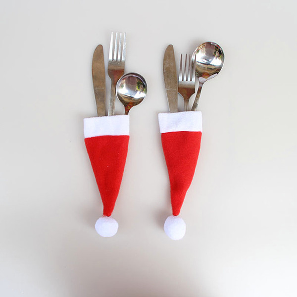 Wholesale Christmas Ornaments Decorative Tableware Knife Fork Red Decoration Hat Tool Mini Christmas Hat Knife Set