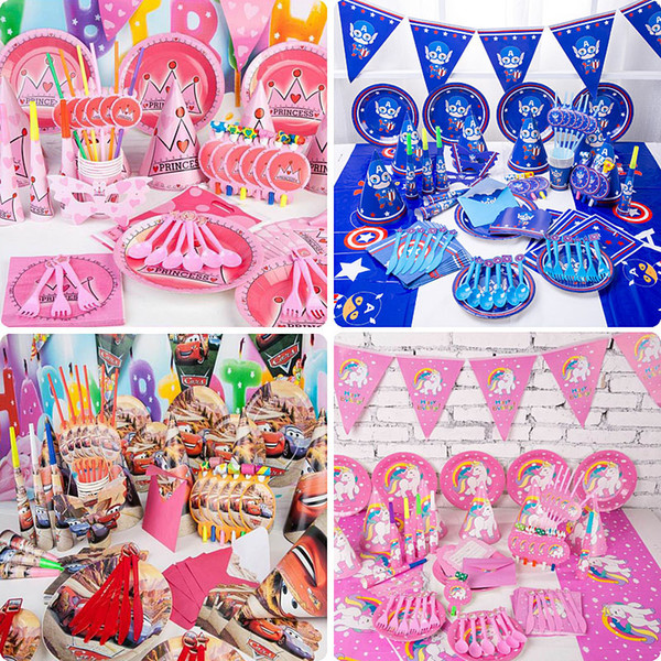 Kids Birthday Party Decoration Sets Supply 38 Designs Boys and Girls Unicorn 1st Birthday Party Supplies Cartoon Them Party Pack