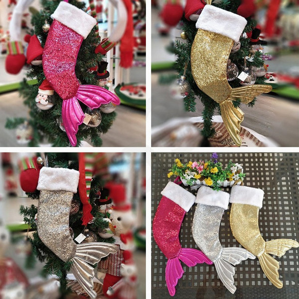 Fashion New Style Christmas Ornament Mermaid Stockings Gift Wrap Christmas Tree Pendant Sequin Mermaid tail Stockings Gift Bag T7I752