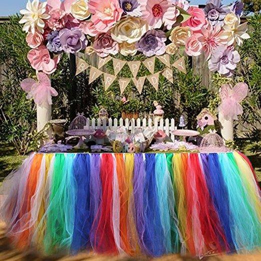 Tulle Table Skirts for Rectangle & Round Tables Baby Shower Decoration Table Cover Cloth for Birthday Wedding Christmas Parties Decor- Rainb