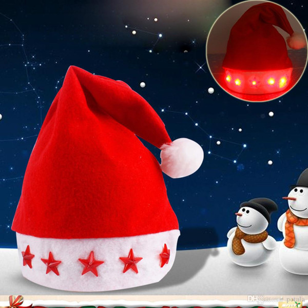 LED lighting flash Red Santa Claus Hats Star Hearts snowflake Xmas Tree Soft Plush Christmas Cosplay Hats Decor Bright Adults Party Hat