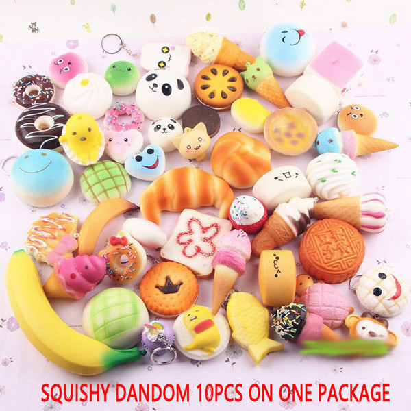 2017 10pcs/lot squishies toy Slow Rising Squishy Rainbow sweetmeats ice cream cake bread Strawberry Bread Charm Phone Straps Soft Fruit Toys