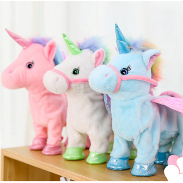 35cm Lovely Electric Walking Unicorn Plush Toy Soft Stuffed Animal Toys Electronic Unicorn Doll Sing the Song for Baby Birthday Gifts