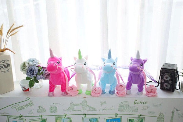 33X30 CM Electronic Pet Toys Cute Unicorn Leash Flying Horse Figurine Will Walk Singing Gfts Without Battery V1