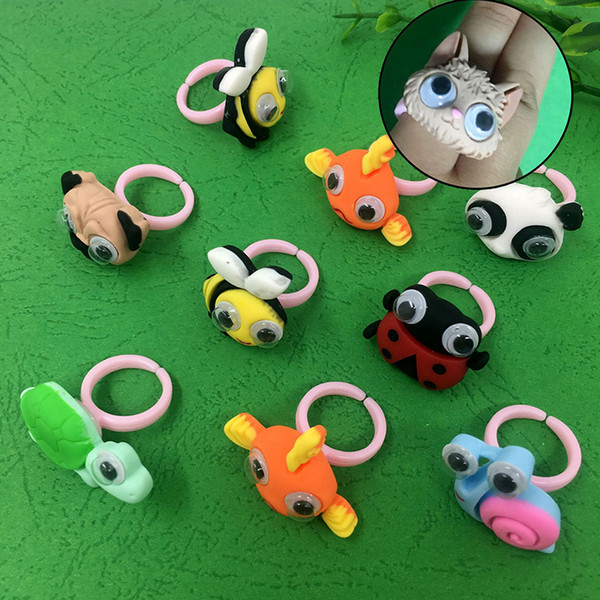 10pcs/lot Wholesale Mixed Cute Cartoon Animal Eyes Move Ring Children Kids Resin Rings Toys Best Gifts For Christmas