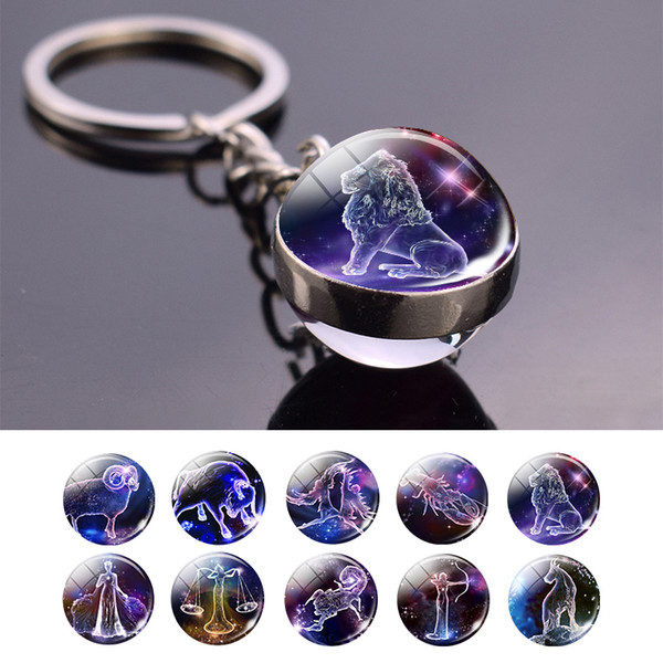 Leo Libra Scorpio 12 Constellation Keychain Glass Ball Pendant Zodiac Sign Keychain Car Key Rings Men Women Birthday Gifts 