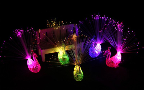 Creative Peacock LED Finger Ring Lights Beams Party Nightclub Color Rings Optical Fiber Lamp Kids Children Gifts Party Supplies