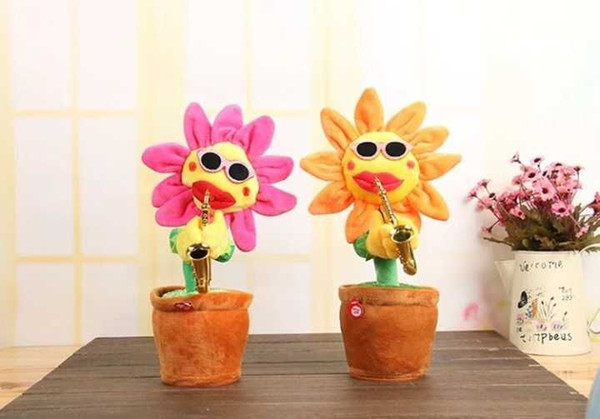 Sexy Sunflower Musical Plush Flower Dancing Singing Playing Saxophone Song Flashing Face Stuffed Plant Big Red Mouth Rotated Plush Toy