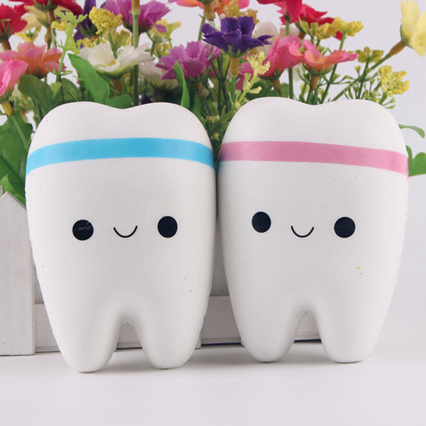 Wholesale- New 11cm Kawaii Tooth Jumbo Squishy Slow Rising Phone Straps Cartoon Teeth Blue/Pink Tooth Bread for Phone/Mp3/Bag Charm Strap