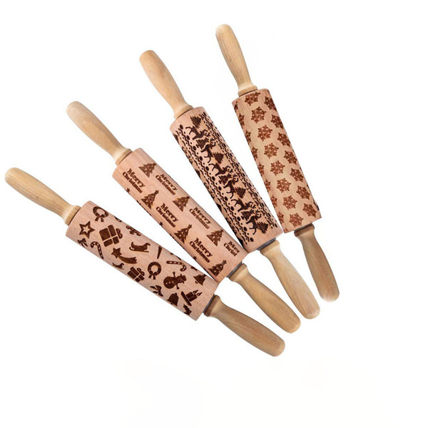 Christmas Wooden Rolling Pins Engraved Embossing with Elk Tree Snowflake Symbols for Cookies Waffles Pastry Dough Pies Tools 35CM Roller