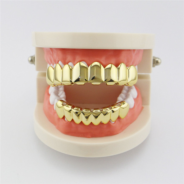 Gold Plated Hip Hop Teeth Grillz Caps Metal Braces Top Bottom Grill Set Silver Rose Gold Black Funny toys Cosplay Tools 2pcs per lot