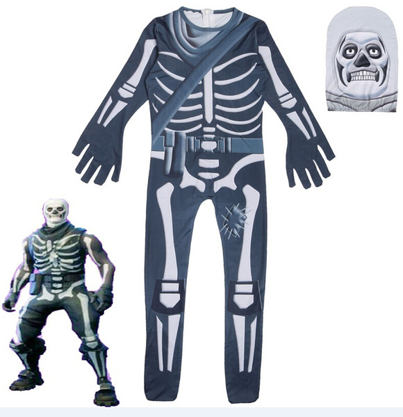 HOT XMAS GIFT Children halloween Fortnite Cosplay skull trooper skeleton Cosplay playing clothing jumpsuit kids party carnival costume