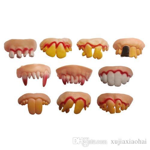 10 designs mixed decay teeth Vampire teeth Zombie incisors Funny Tricky Soft Plastic denture for Halloween Party Bar supplies