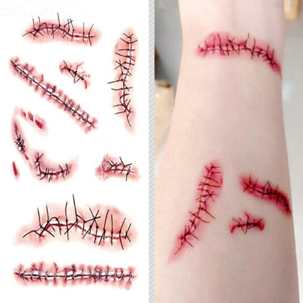 Halloween Scratch Wound Scab Blood Scar Tattoos Temporary Tattoo Sticker Cosplay Wound Zombie funny Scars blood Party Free Ship