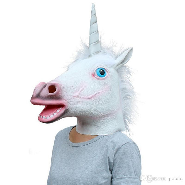 Halloween Magical Creepy Adult Unicorn Mask White Head Latex Rubber Mask Animal Unicorn Mask Headgear For Party Theater Cosplay Prop Novelty