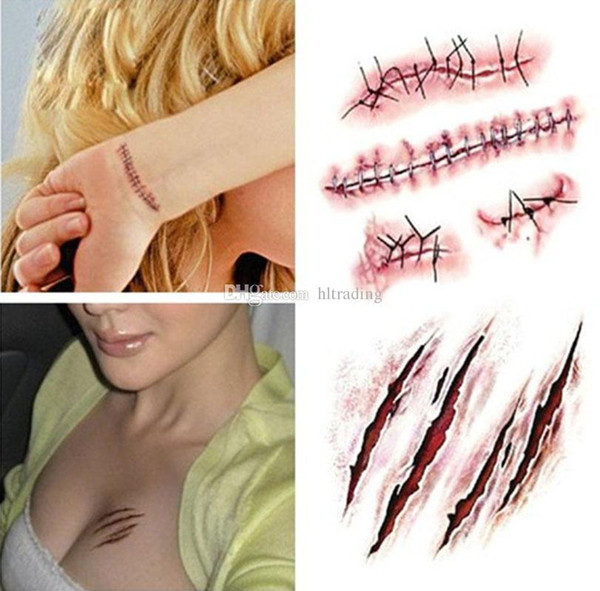 Halloween Zombie Scars Tattoos Fake Scab Bloody Costume Makeup halloween Decoration Terror Wound Scary 21 styles Tattoo sticker C5181