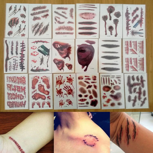Halloween Waterproof Temporary Tattoo Sticker Halloween Terror Wound Realistic Blood Injury Scar Fake Tattoo Sticker LE129